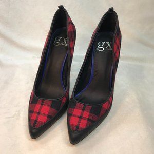EUC GX by Gwen Stefani Trio Pump in Red Plaid with Black Faux Leather Trim